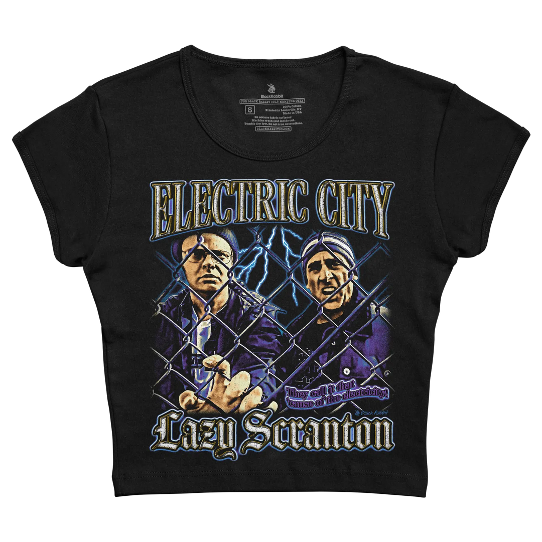 Black short-sleeved t-shirt featuring a graphic print of two men behind a chain-link fence with lightning bolts, labeled ’electric city’ and ’lazy scranton.’
