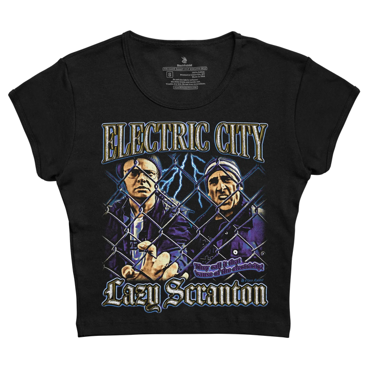 Black short-sleeved t-shirt featuring a graphic print of two men behind a chain-link fence with lightning bolts, labeled ’electric city’ and ’lazy scranton.’