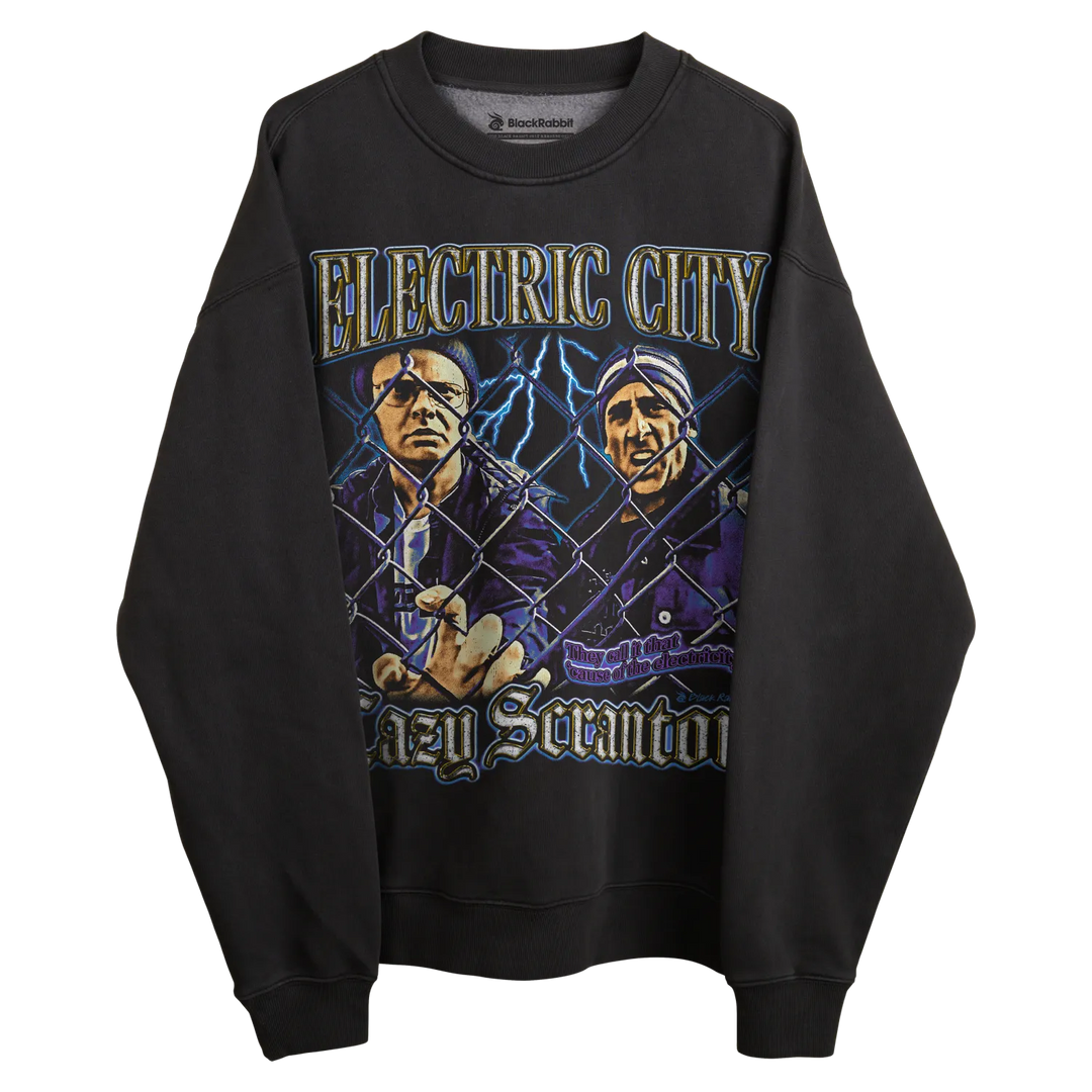 Black crewneck sweatshirt with ’electric city’ and scranton graphic design.