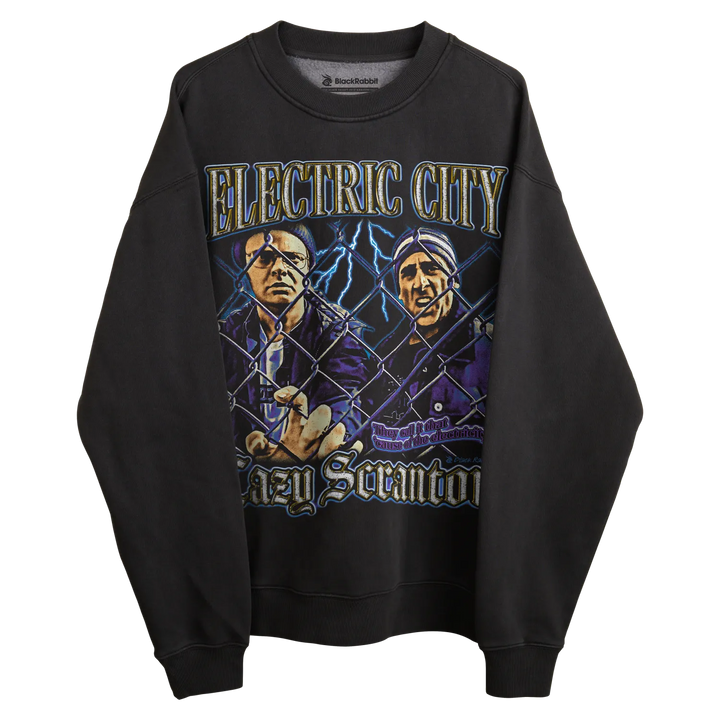Black crewneck sweatshirt with ’electric city’ and scranton graphic design.