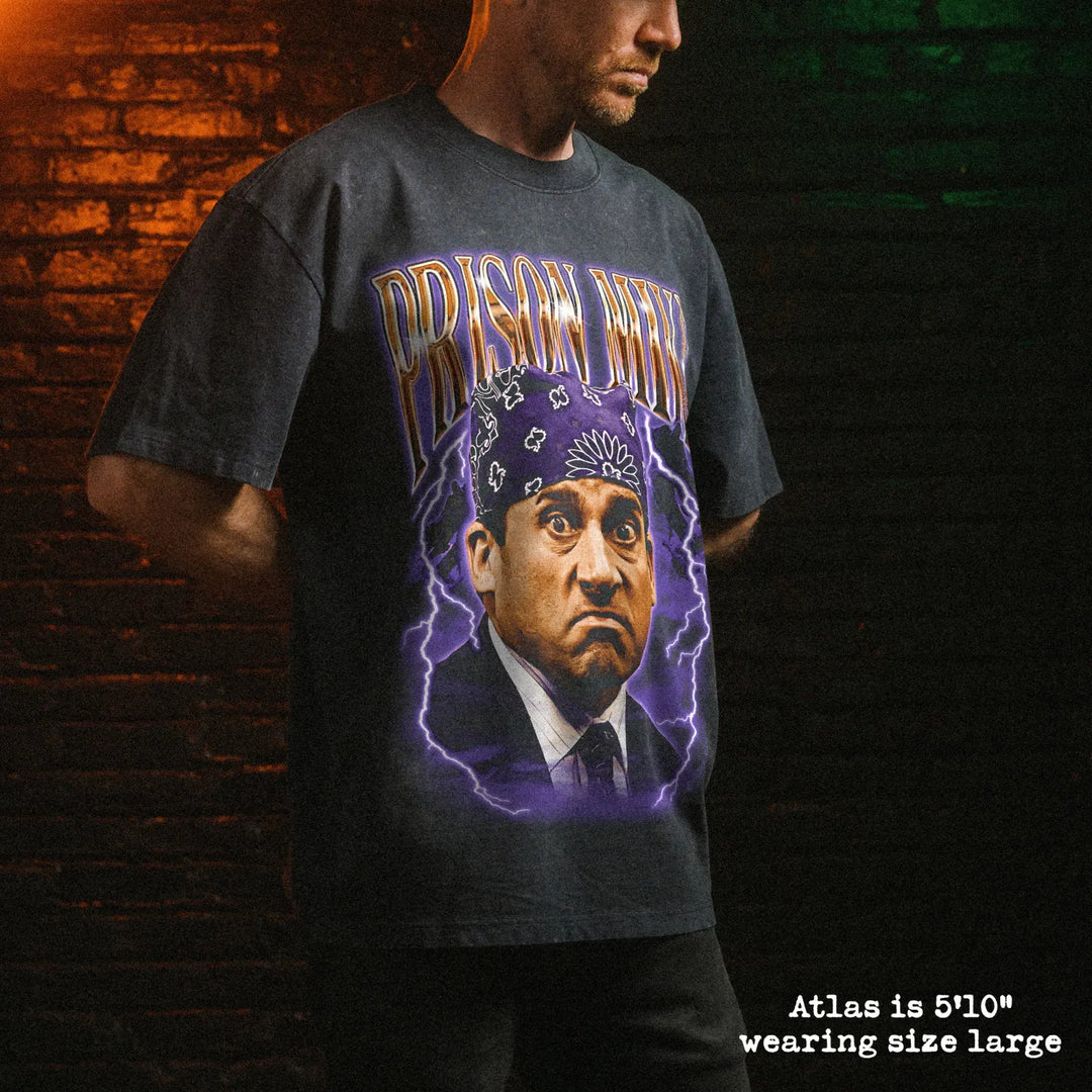 Male model wearing stone wash heavy tee with prison mike graphic 