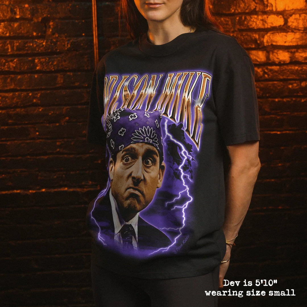 Model wearing heavy tee with prison mike graphic 