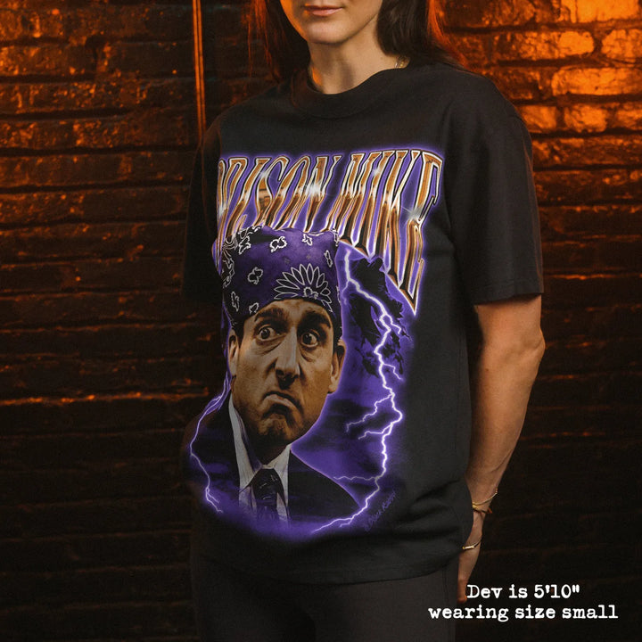 Model wearing heavy tee with prison mike graphic 