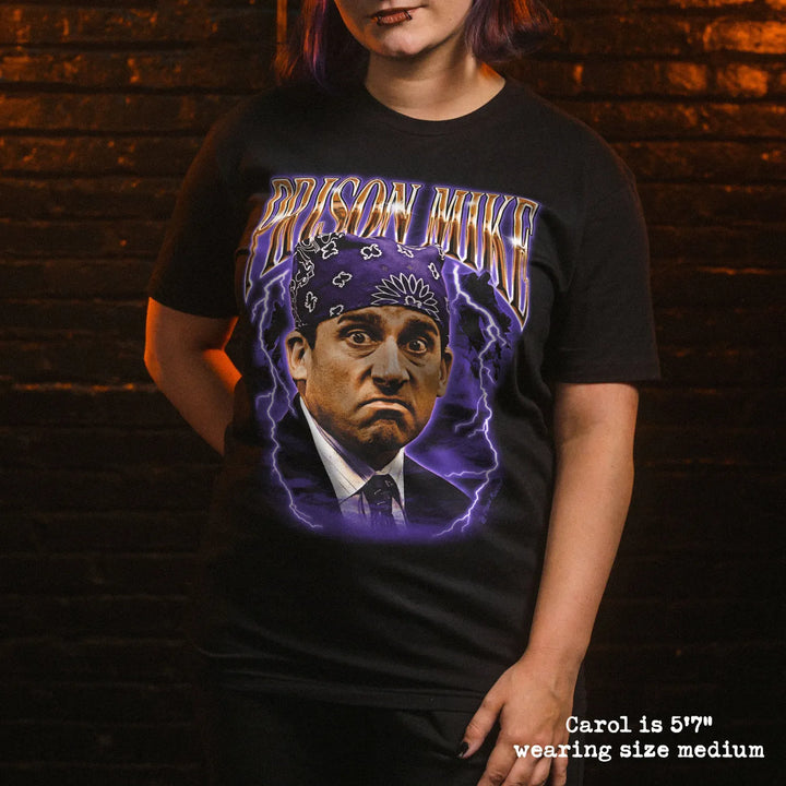 model wear soft premium tee with prison mike graphic
