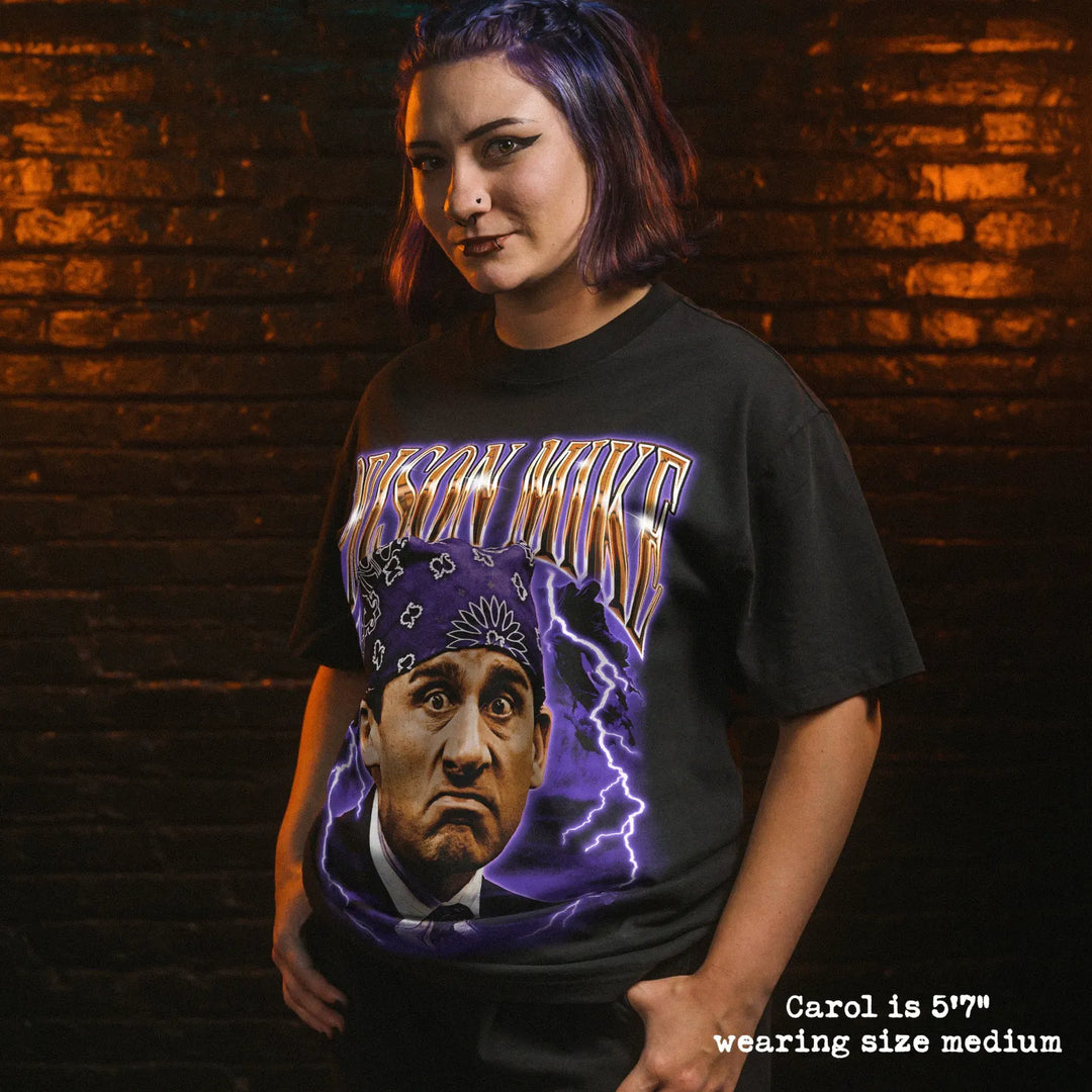 Model wearing heavy tee with prison mike graphic 