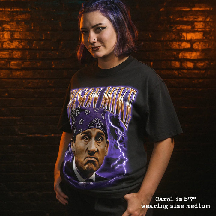 Model wearing heavy tee with prison mike graphic 