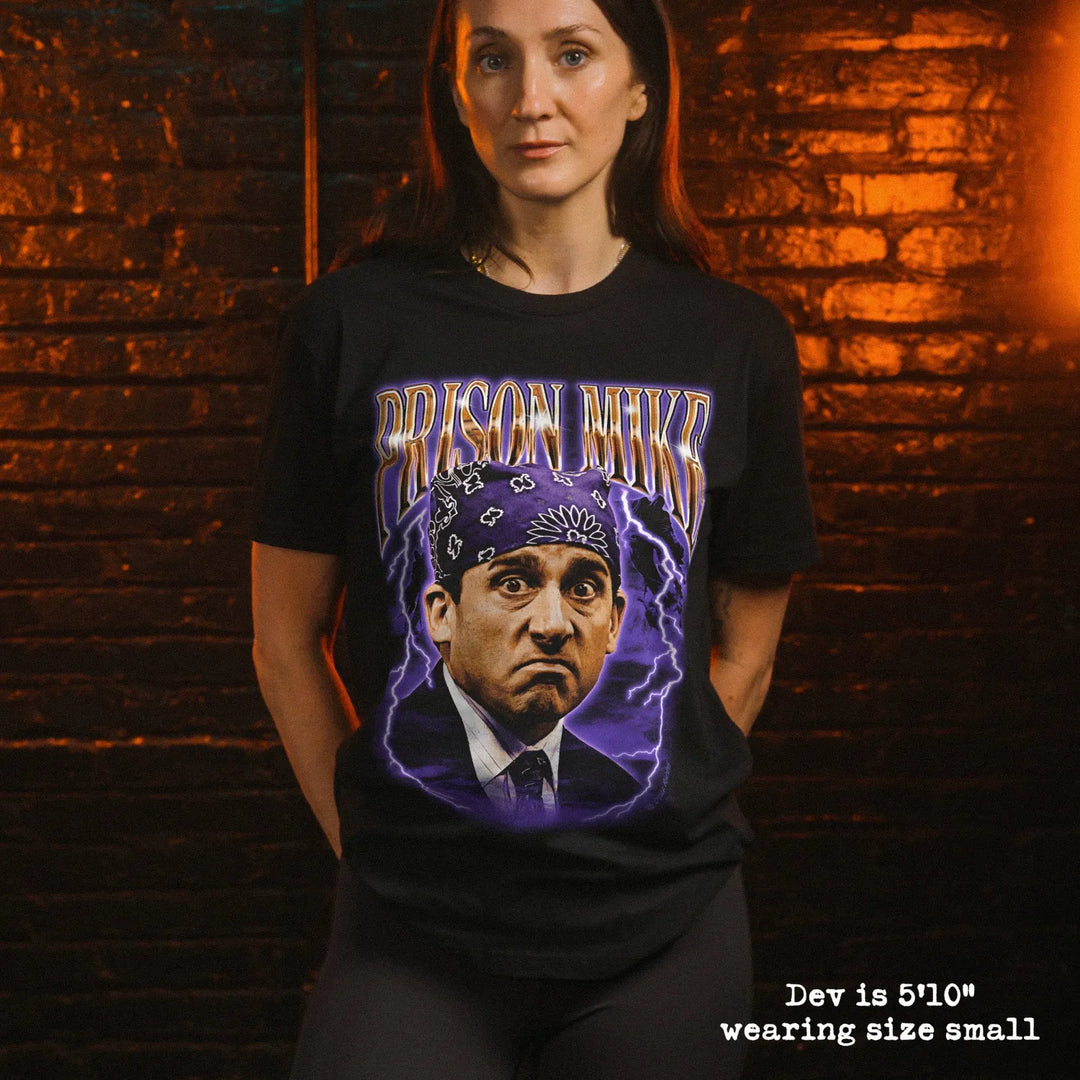 model wear soft premium tee with prison mike graphic
