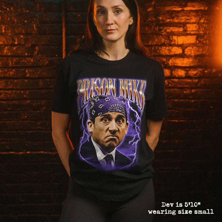 model wear soft premium tee with prison mike graphic
