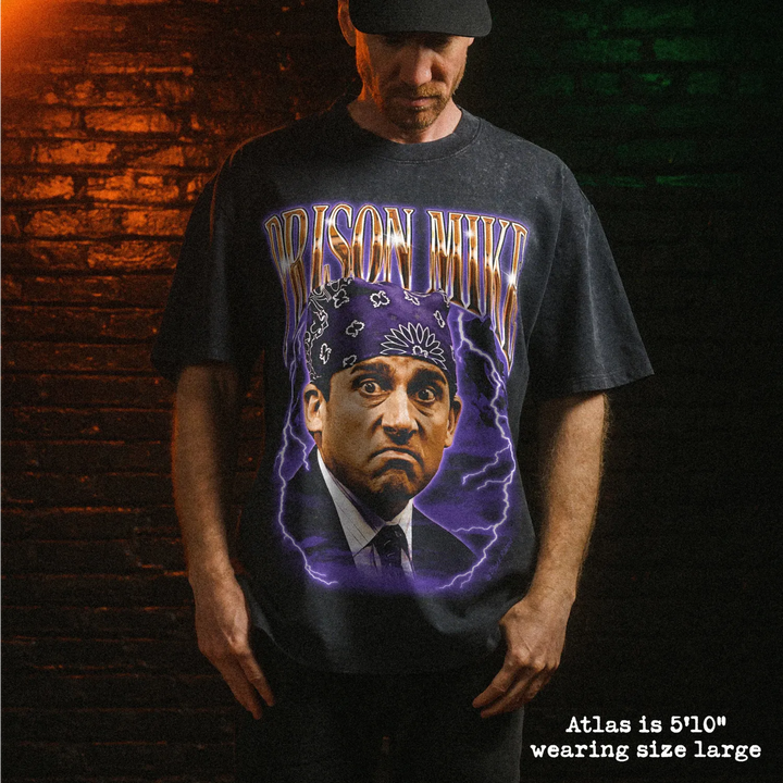 Male model wearing heavy stone washed tee with prison mike graphic. 