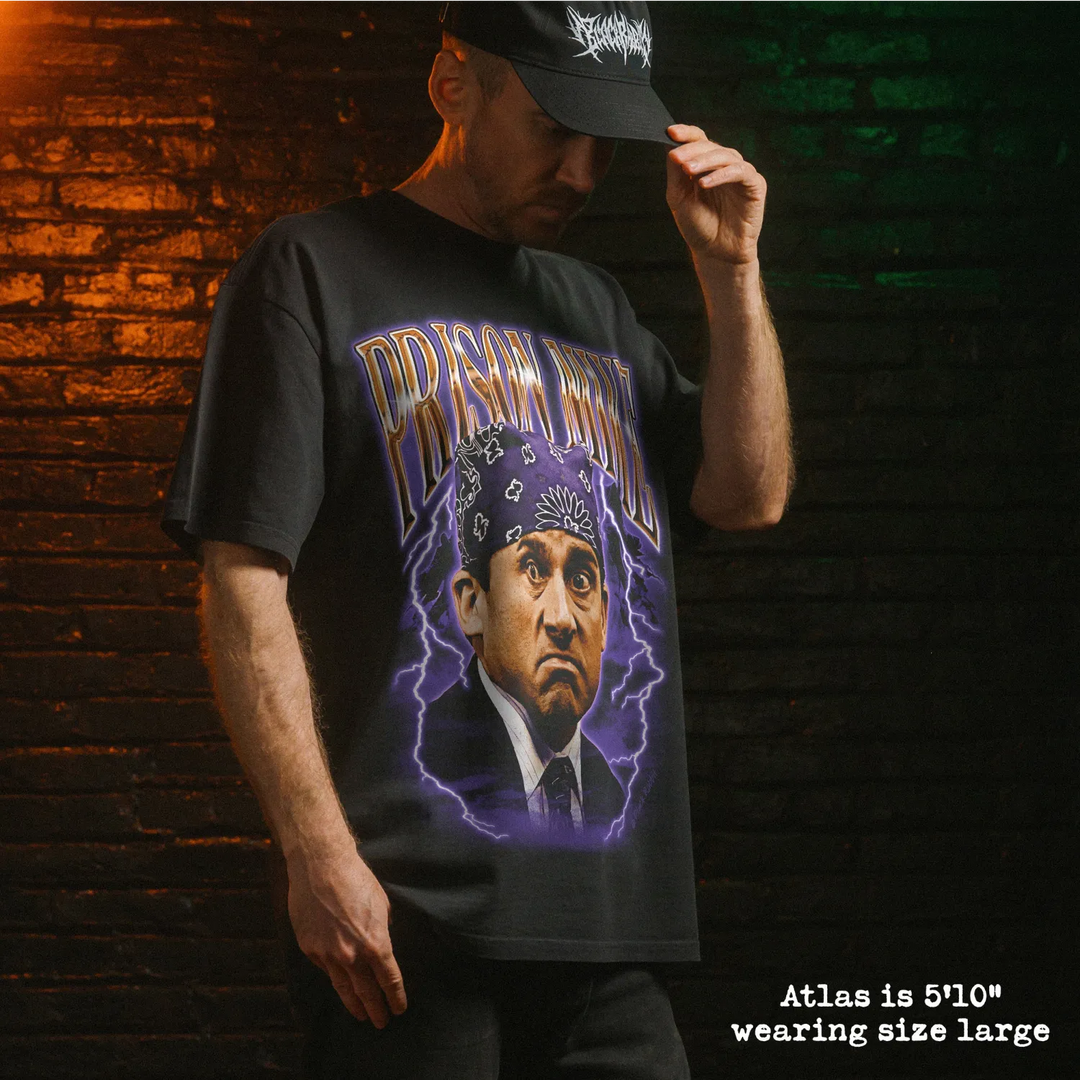 Model wearing heavy tee with prison mike graphic 
