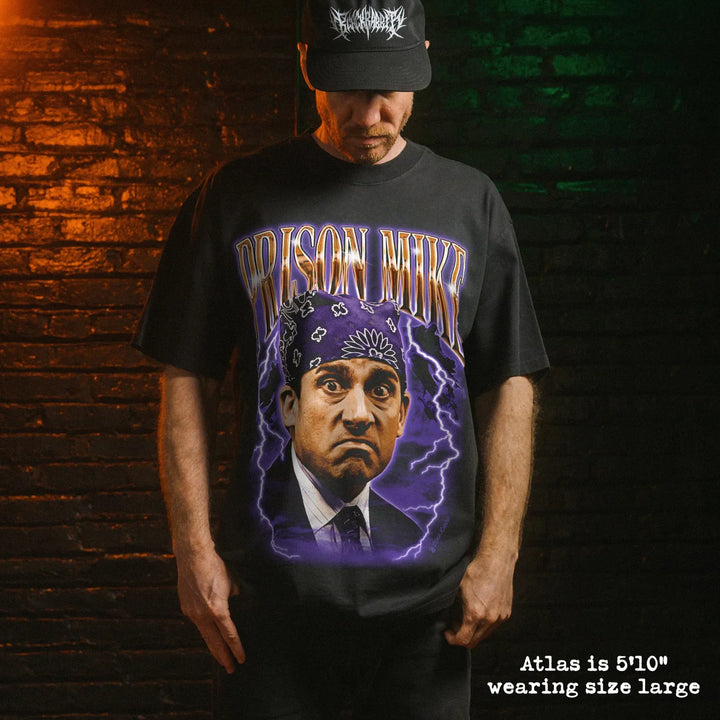 Model wearing heavy tee with prison mike graphic 