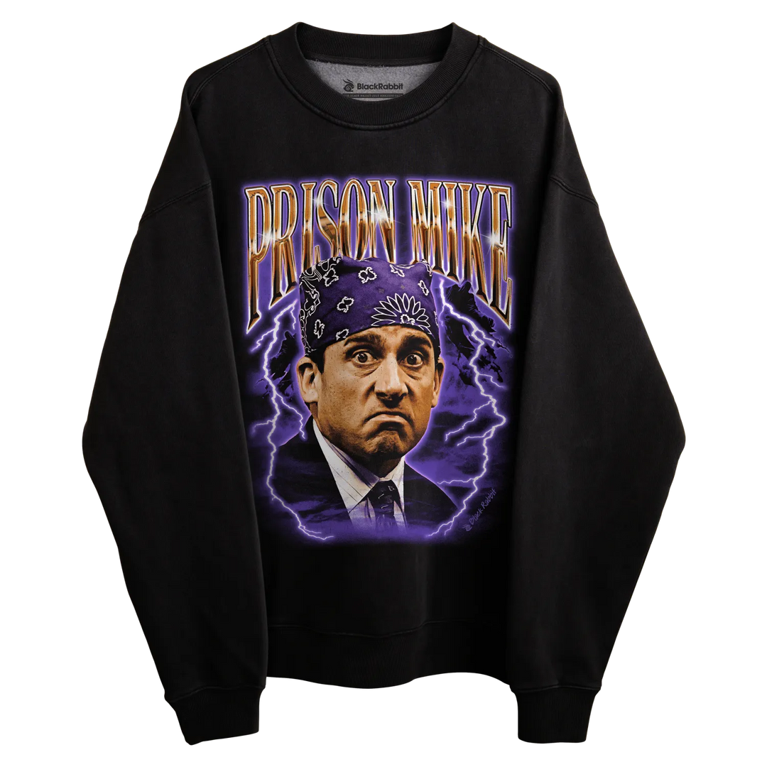 Black crewneck sweatshirt with ’prison mike’ graphic and lightning bolt design.