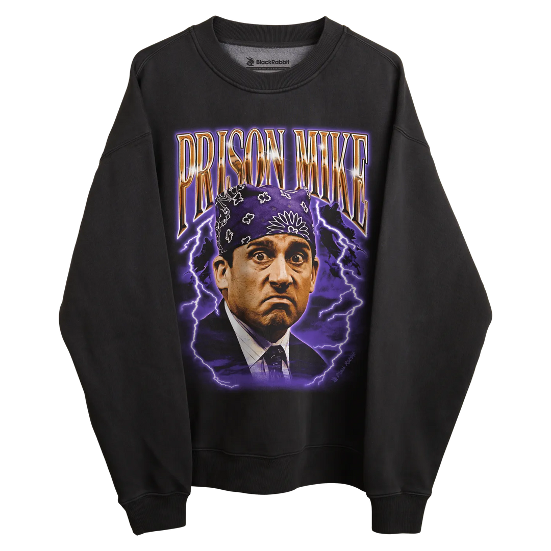 Black crewneck sweatshirt with ’prison mike’ graphic and lightning bolts design.