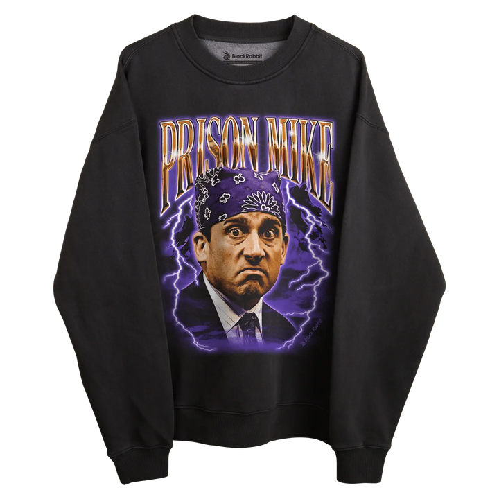 Black crewneck sweatshirt with ’prison mike’ graphic and lightning bolts design.