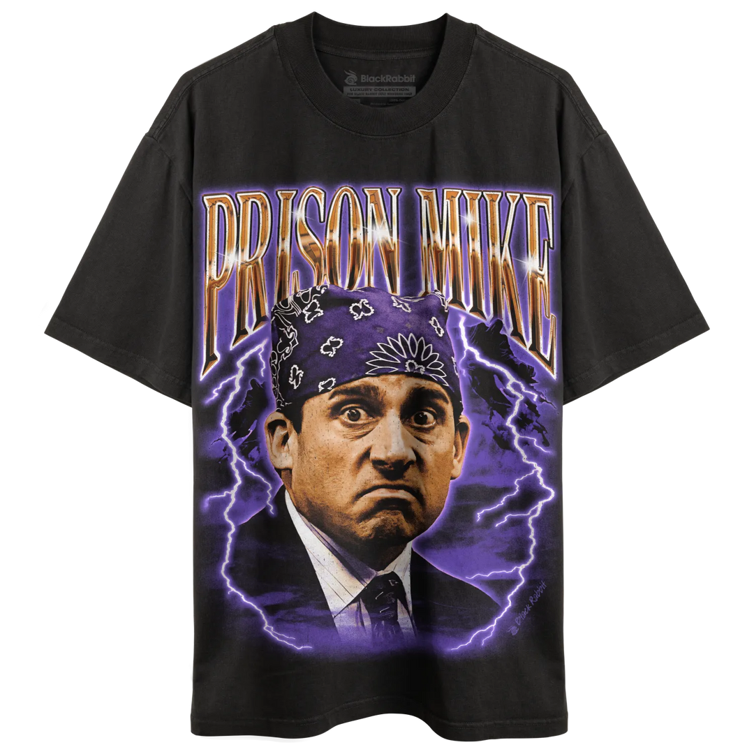 Black t-shirt with ’prison mike’ graphic and purple lightning design.