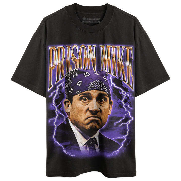 Black t-shirt with ’prison mike’ graphic and purple lightning design.