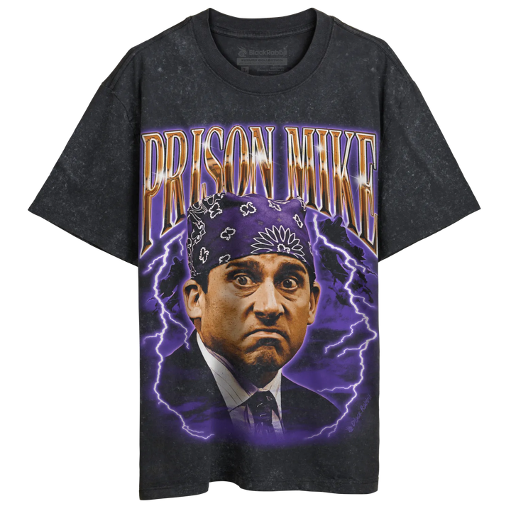 Black t-shirt with ’prison mike’ graphic and purple lightning design.