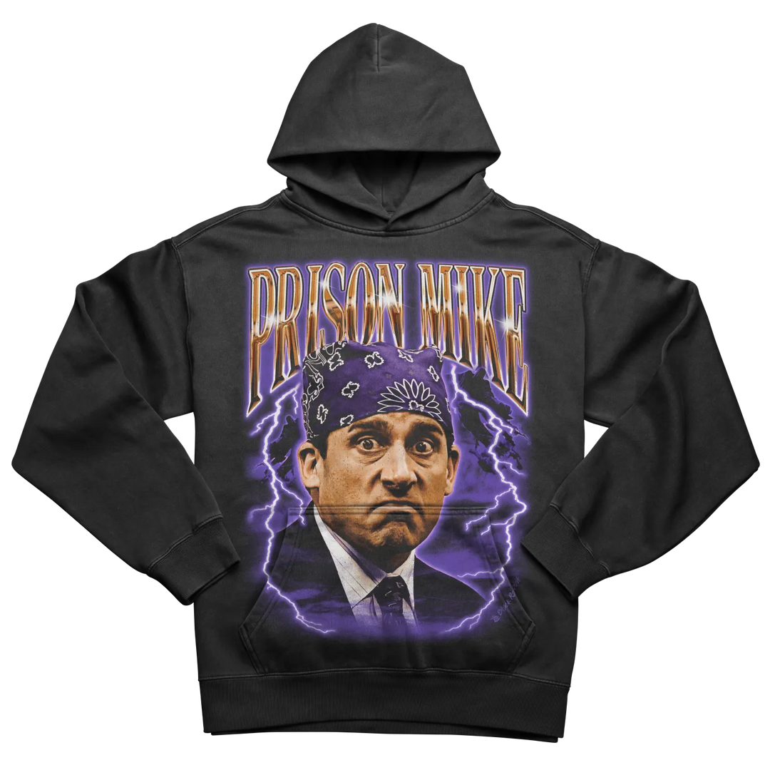 Black ’prison mike’ hoodie with lightning bolt design and purple text.
