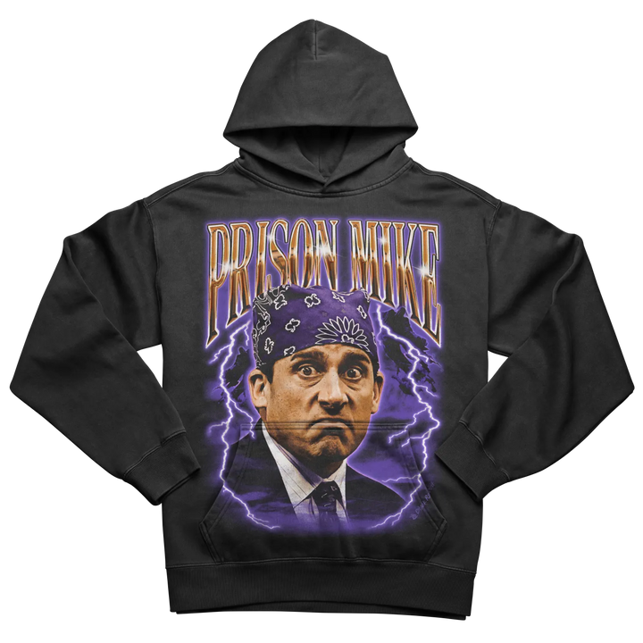 Black ’prison mike’ hoodie with lightning bolt design and purple text.