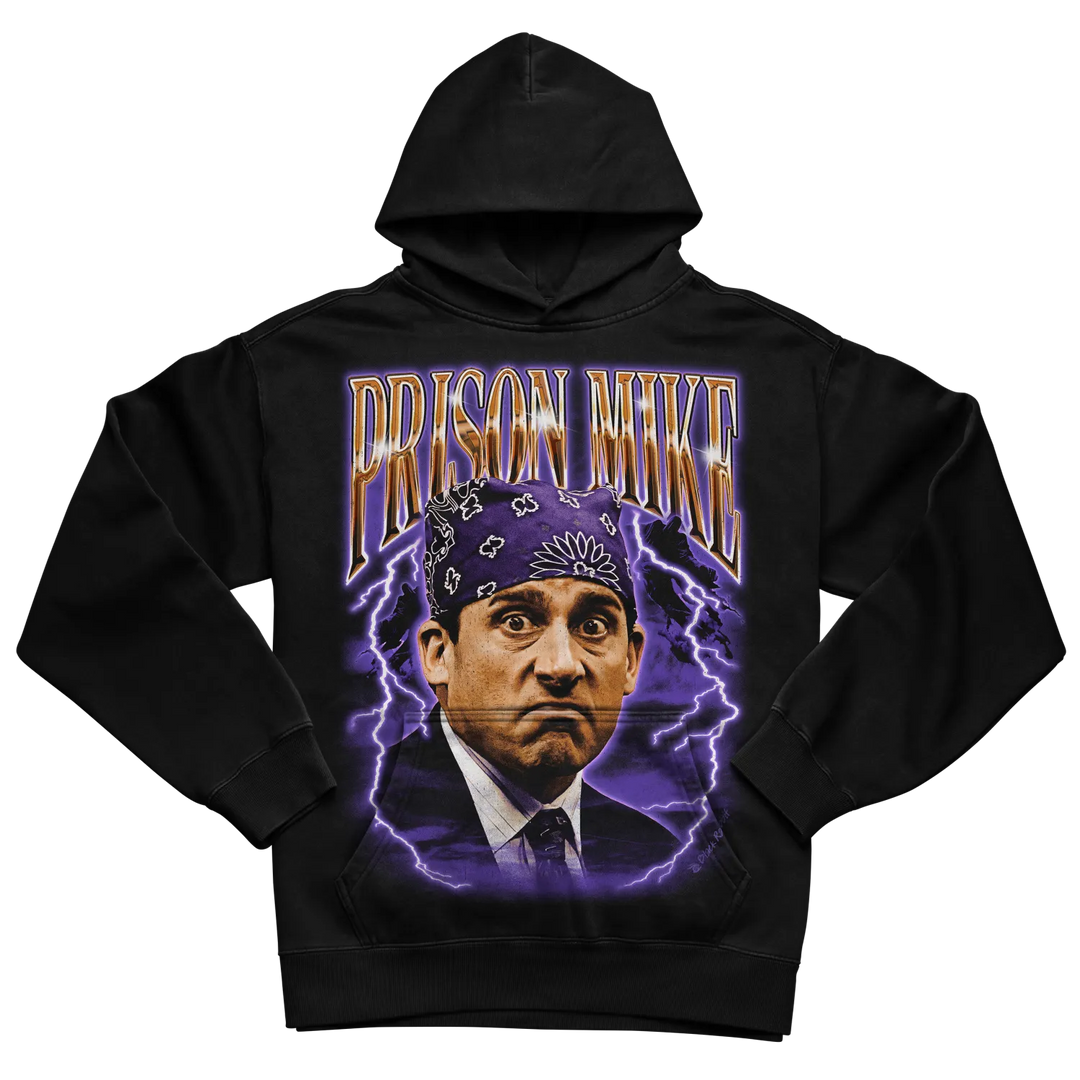Black hoodie with ’prison mike’ graphic and purple lightning design.