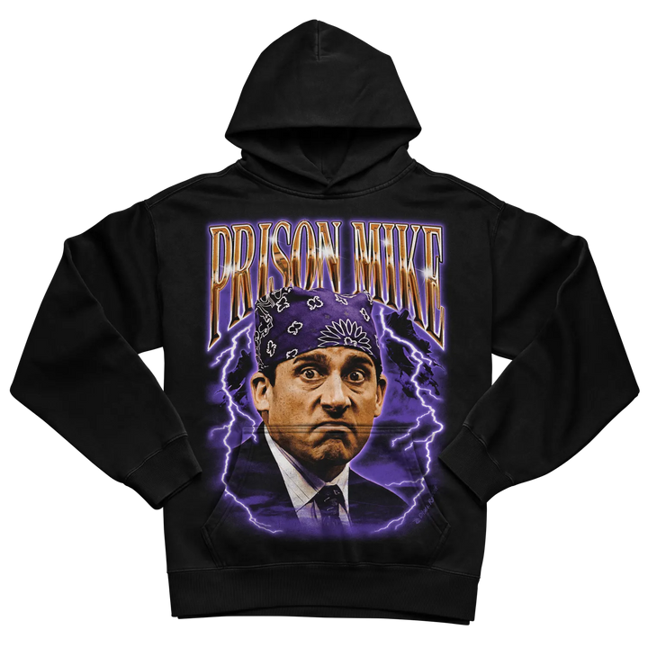 Black hoodie with ’prison mike’ graphic and purple lightning design.