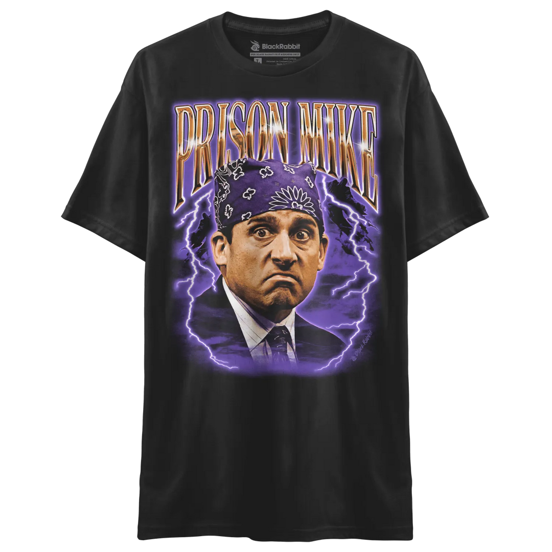 Black ’prison mike’ t-shirt with lightning bolt design and bandana graphic.