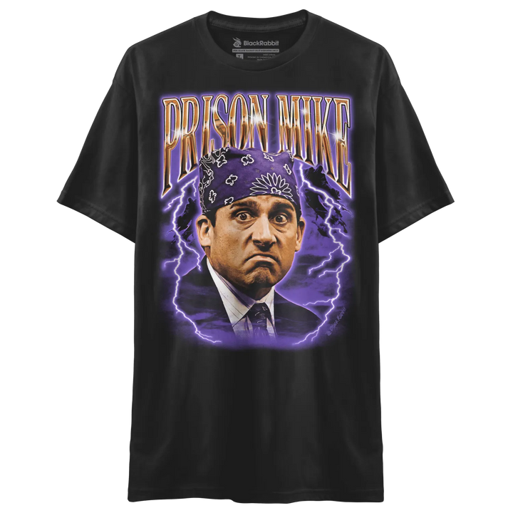 Black ’prison mike’ t-shirt with lightning bolt design and bandana graphic.