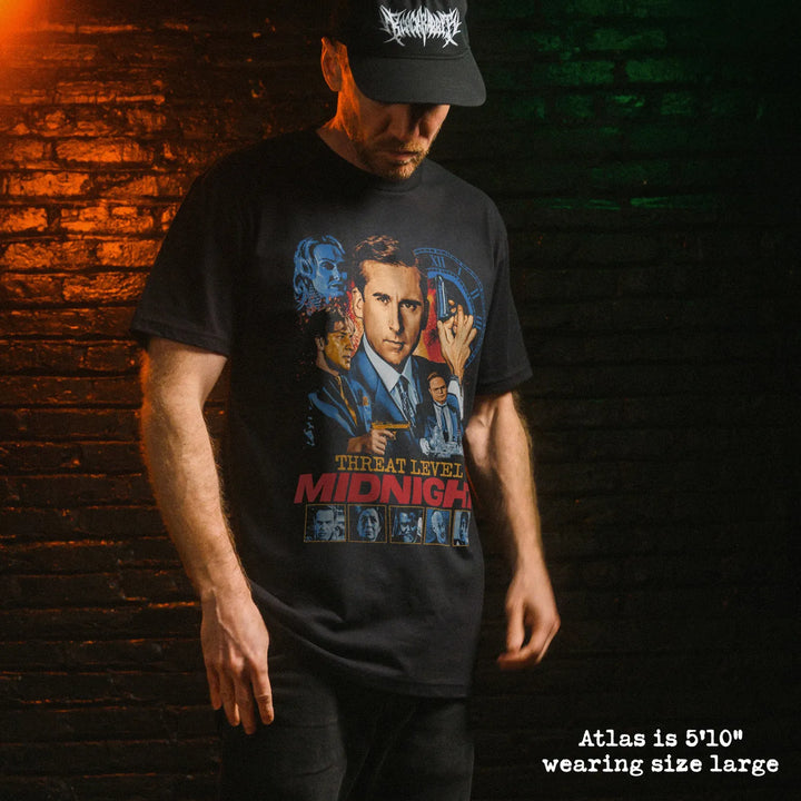 Male model wear soft premium tee with threat level midnight graphic
