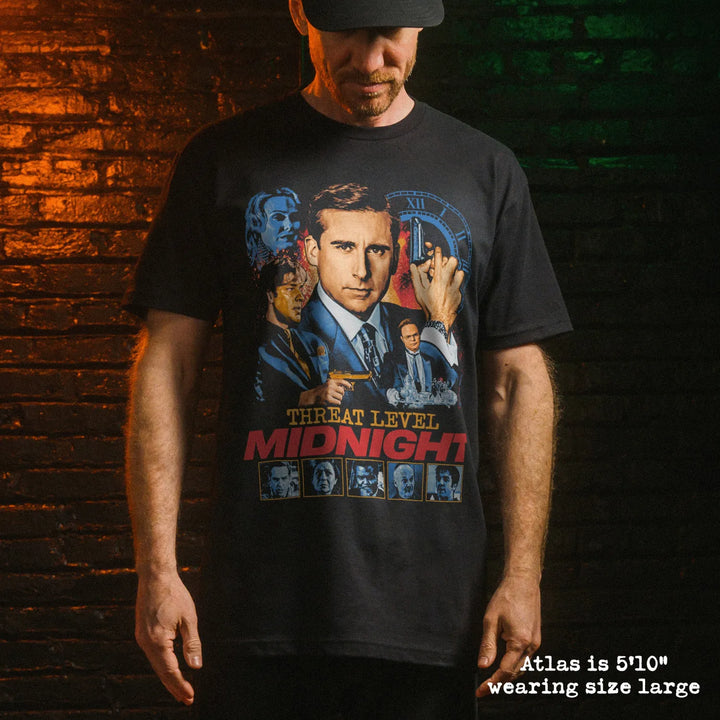 Male model wear soft premium tee with threat level midnight graphic
