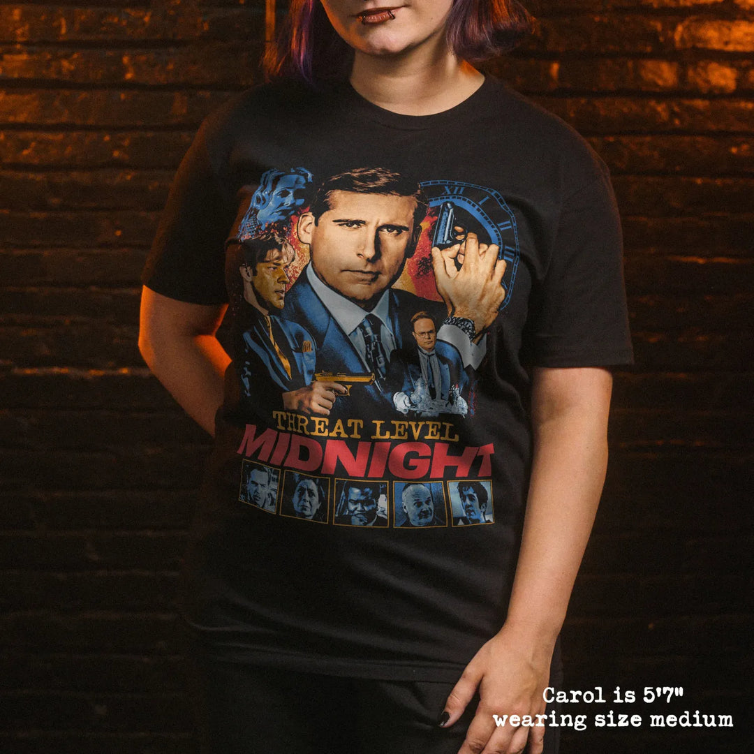model wear soft premium tee with threat level midnight graphic

