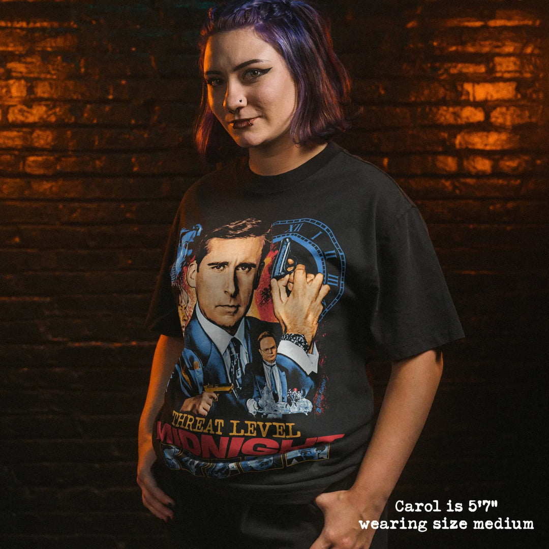 Model wearing heavy tee with threat level graphic 