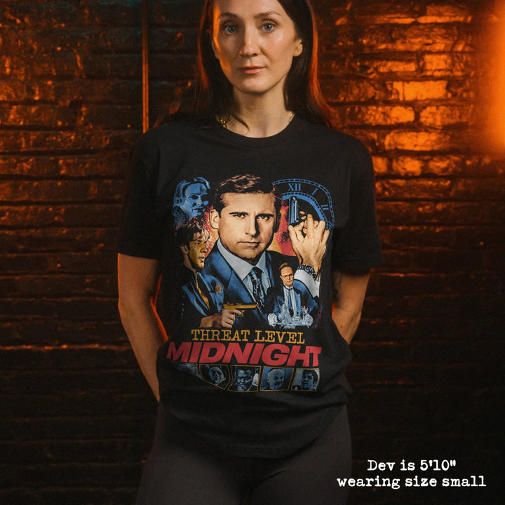 model wear soft premium tee with threat level midnight graphic
