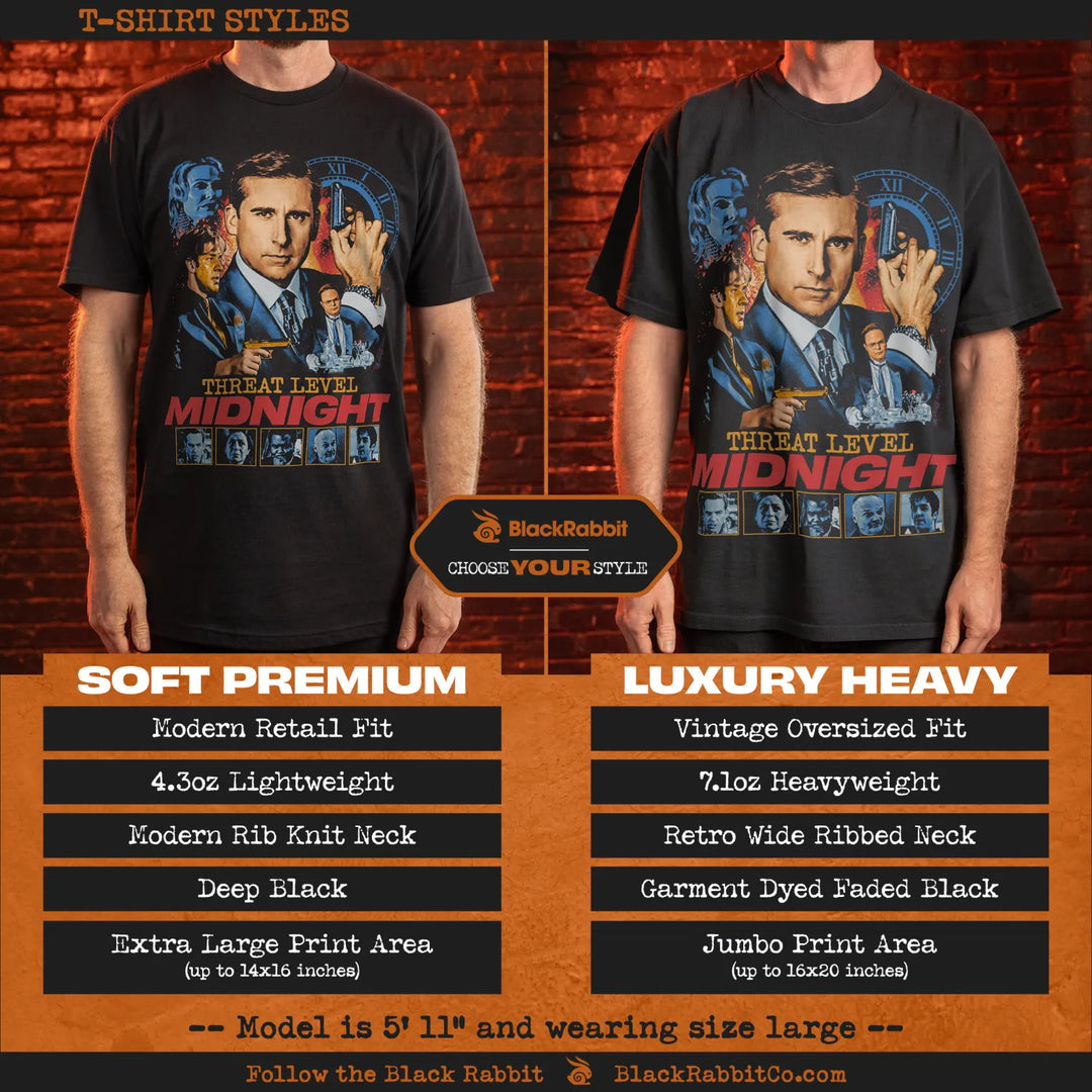 Two men modeling different styles of black t-shirts featuring a ’Threat Level Midnight’ design.