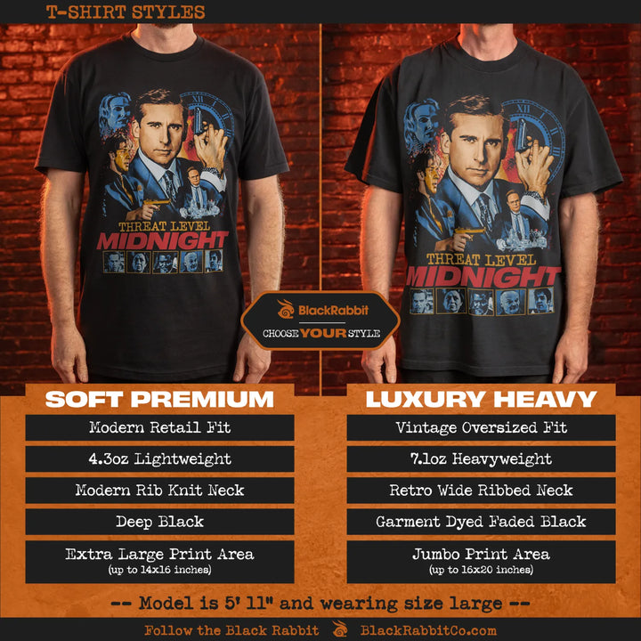 Two men modeling different styles of black t-shirts featuring a ’Threat Level Midnight’ design.