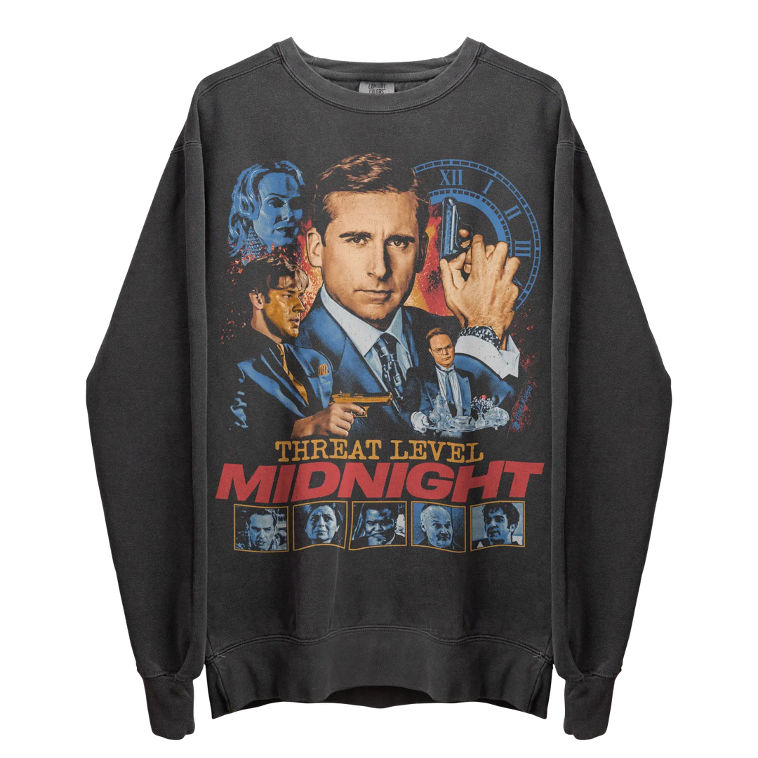 Dark gray long-sleeve sweatshirt with a ’Threat Level Midnight’ graphic.