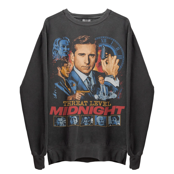 Dark gray long-sleeve sweatshirt with a ’Threat Level Midnight’ graphic.