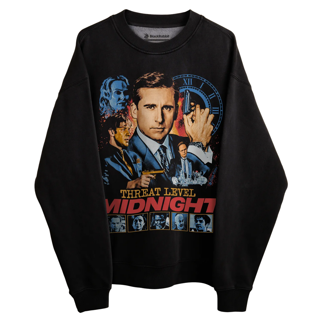 Black crewneck sweatshirt with ’threat level midnight’ graphic design featuring characters and a clock.