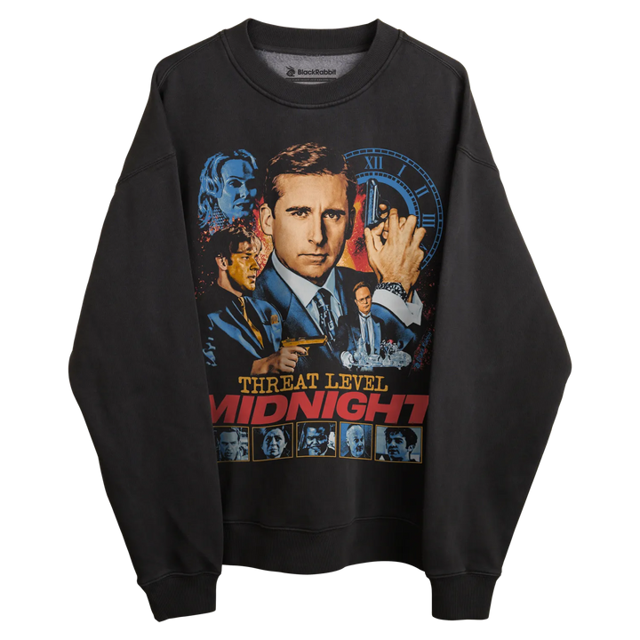 Black crewneck sweatshirt with threat level midnight graphic design featuring characters and clock illustration.