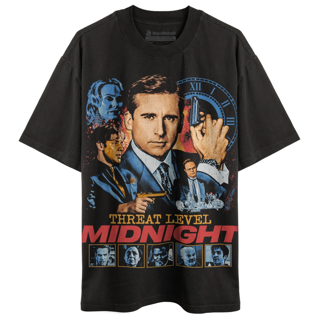 Black short-sleeved t-shirt with a ’Threat Level Midnight’ movie poster graphic.