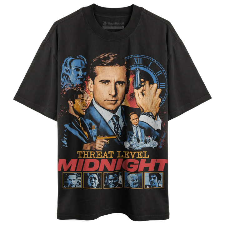 Black short-sleeved t-shirt with a ’Threat Level Midnight’ movie poster graphic.