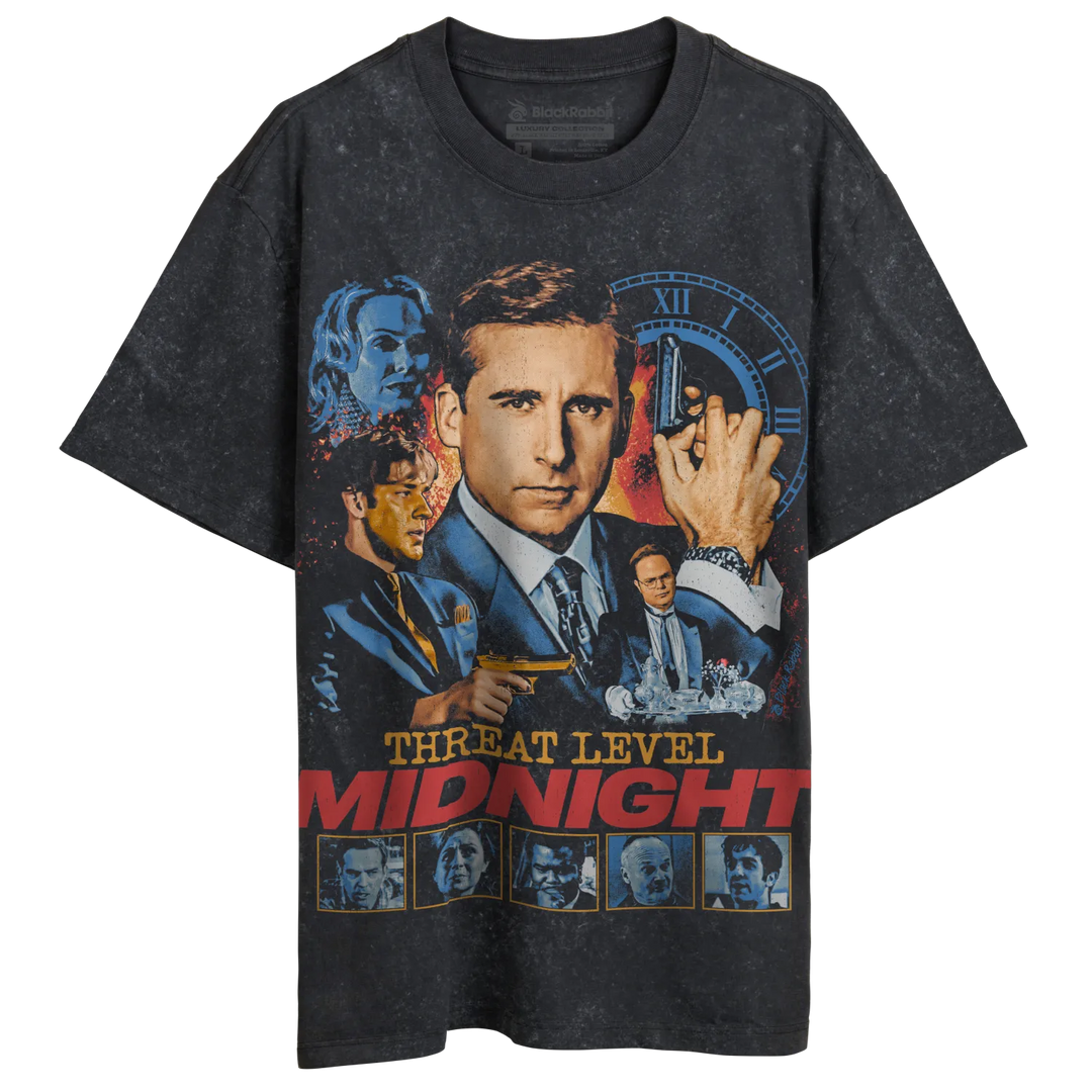 A dark gray, short-sleeved t-shirt featuring a ’Threat Level Midnight’ movie poster design.