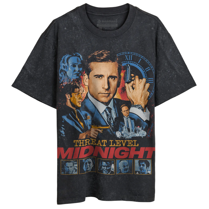 A dark gray, short-sleeved t-shirt featuring a ’Threat Level Midnight’ movie poster design.