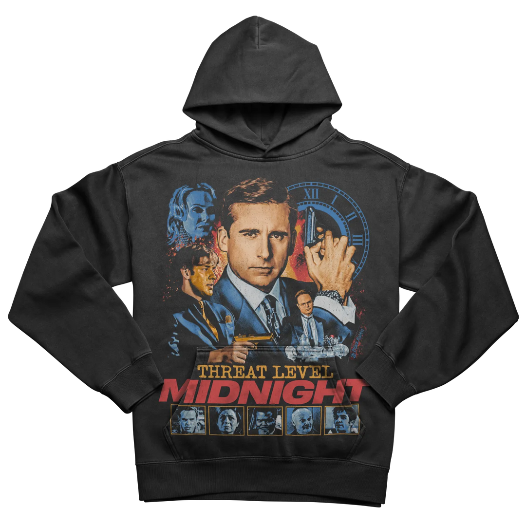Black hoodie with a colorful ’Threat Level Midnight’ movie poster graphic.