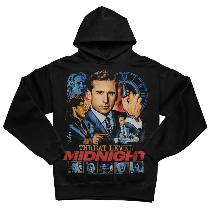 Black hoodie with ’threat level midnight’ graphic design featuring characters and a clock.