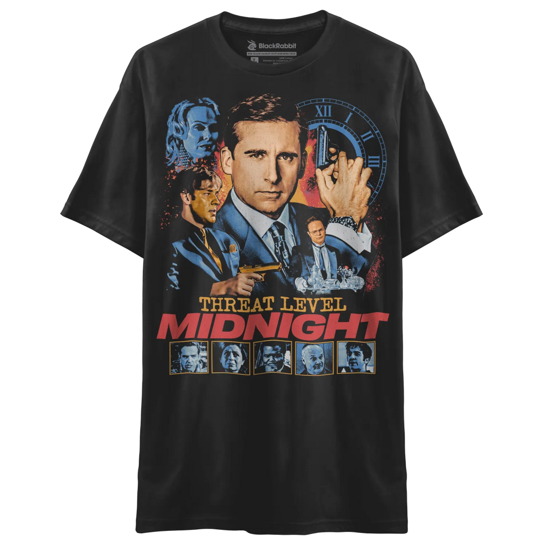 Black t-shirt with a ’Threat Level Midnight’ movie poster design featuring characters from ’The Office.’