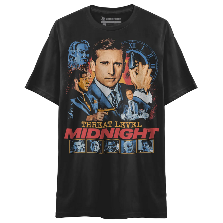 Black t-shirt with a ’Threat Level Midnight’ movie poster design featuring characters from ’The Office.’