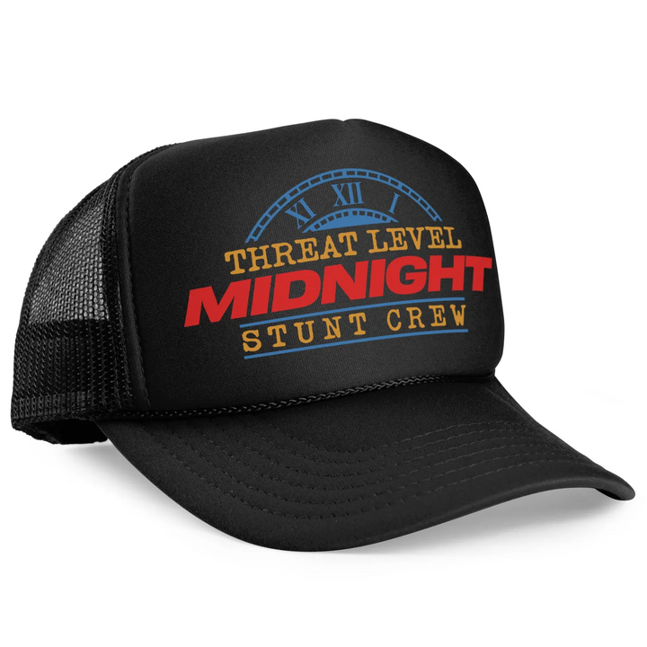 Black ’Threat Level Midnight Stunt Crew’ trucker hat.