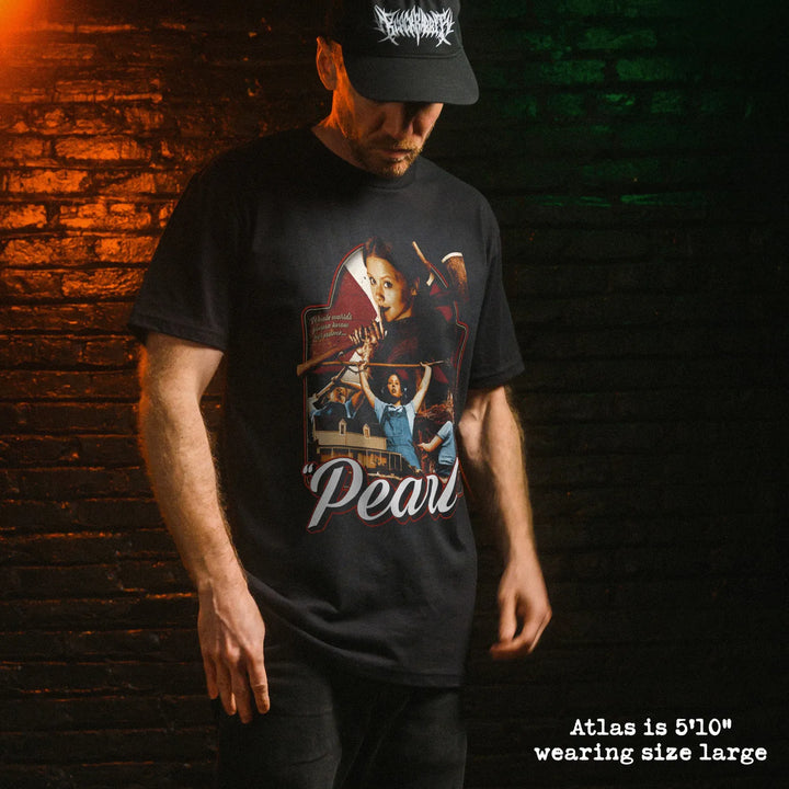 Male model wear soft premium tee with pearl graphic
