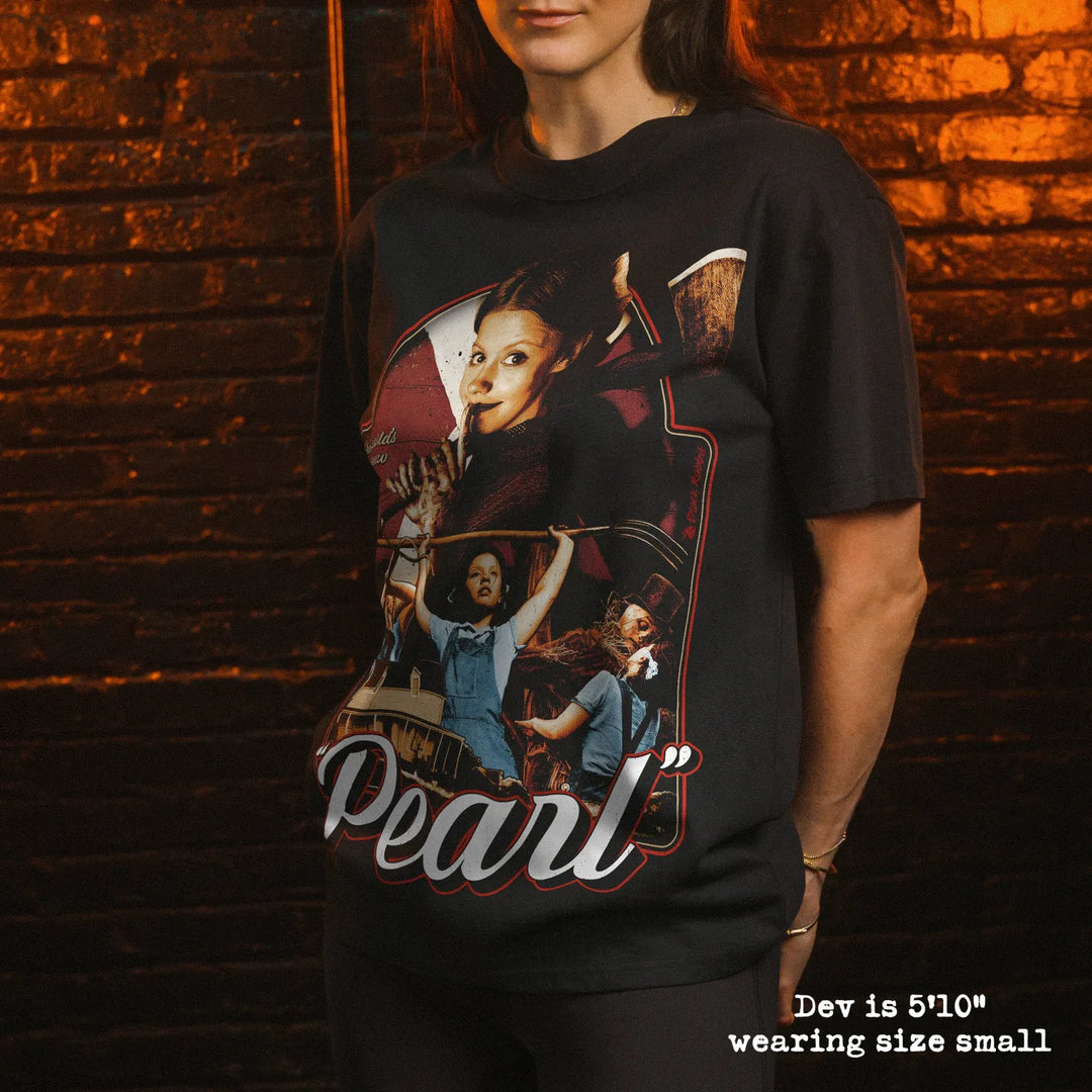 Model wearing heavy tee with pearl graphic 