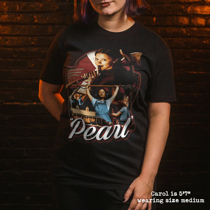 model wear soft premium tee with pearl graphic
